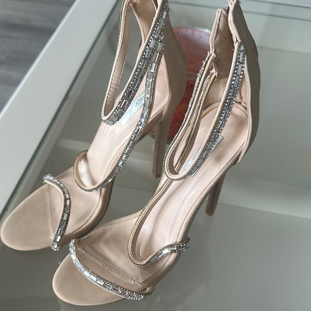 Elegant Beige Stiletto Heels with Rhinestone Accents